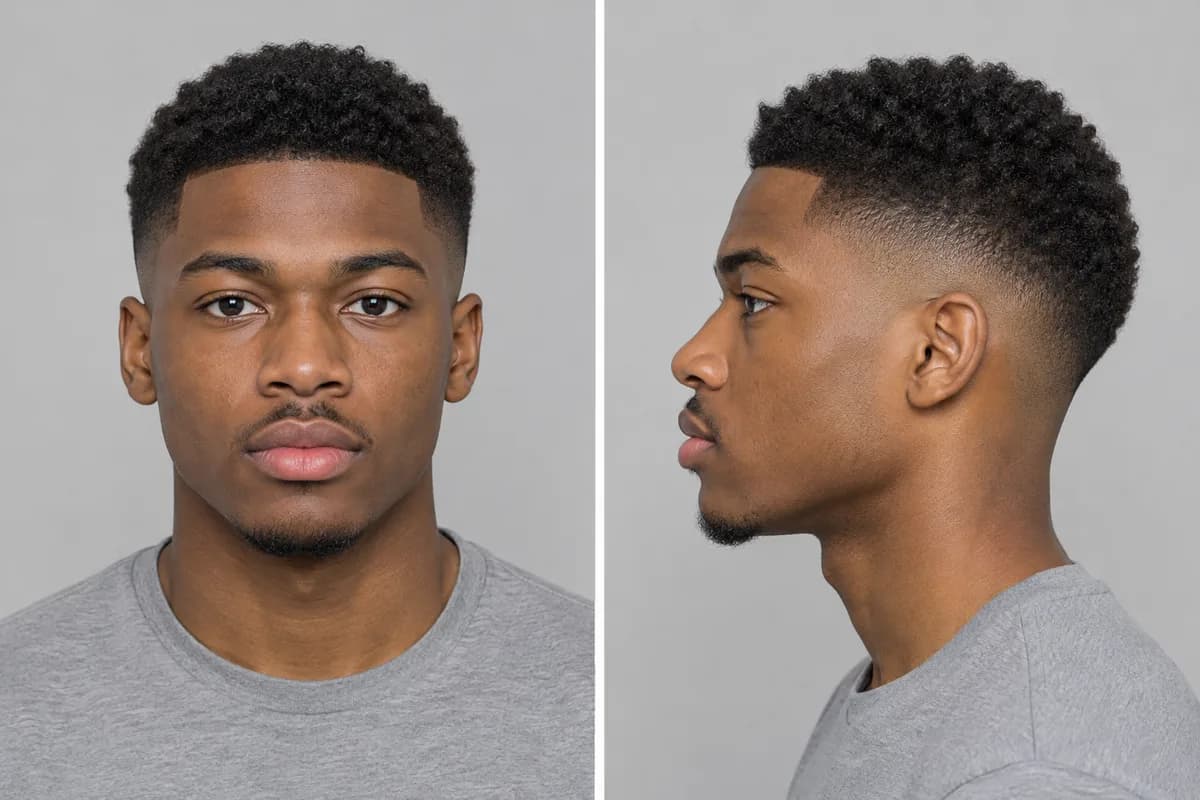 Example: man with a mid skin fade, front and side view