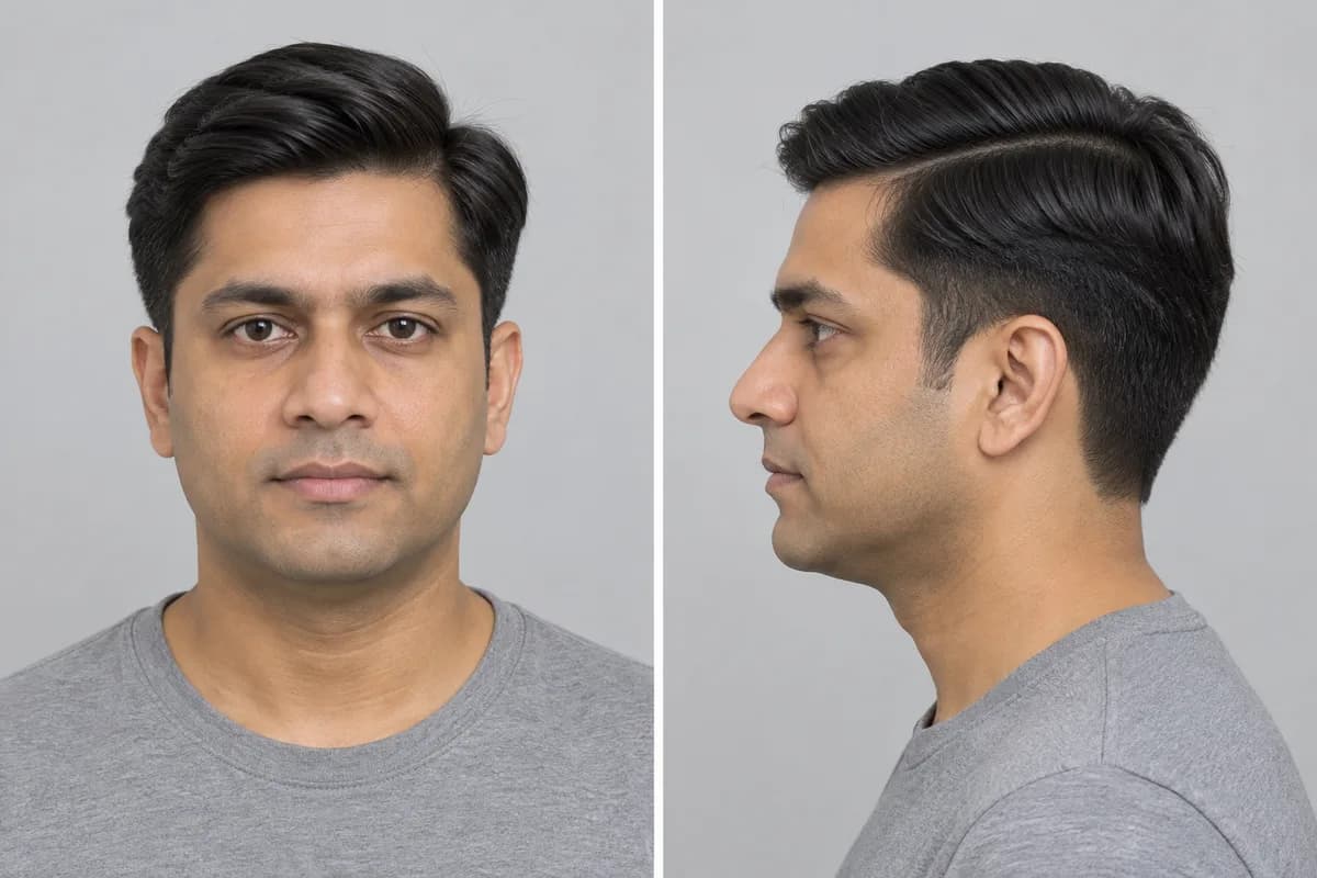 Example: man with a side part, front and side view